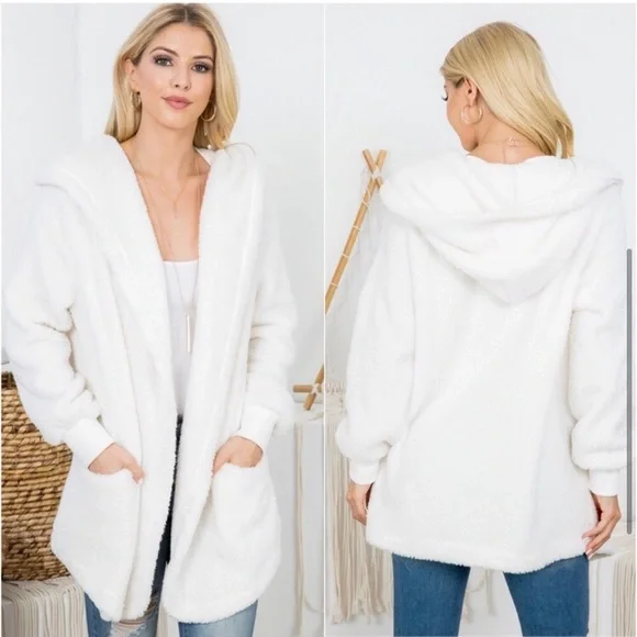 LAST ONE: Off white warm teddy faux Sherpa cute open hooded women’s cardigan - Picture 4 of 4